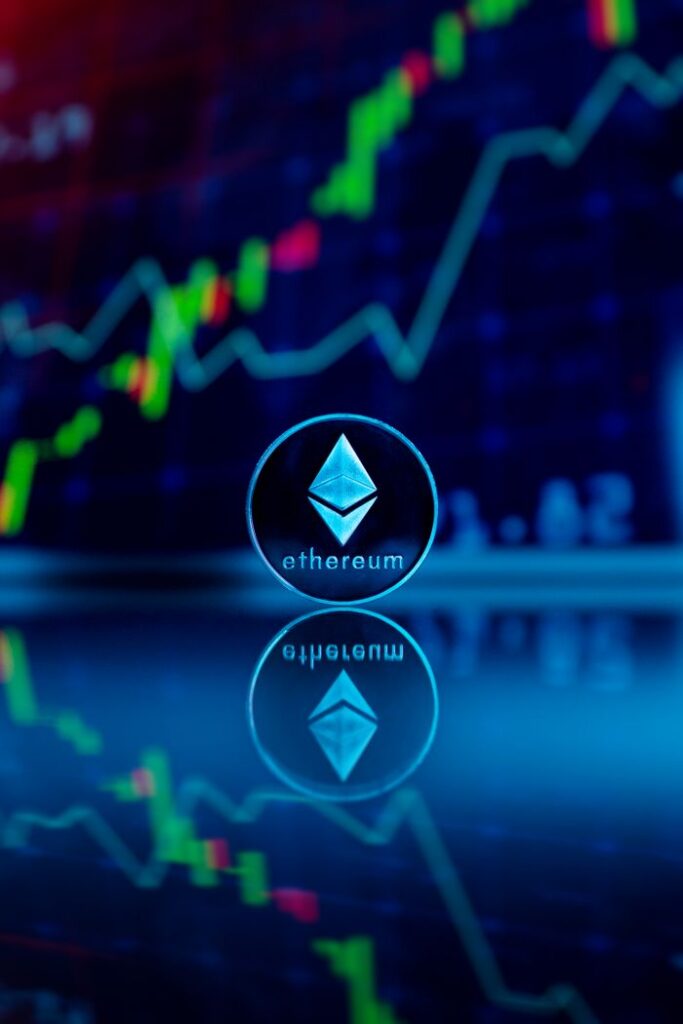 Ethereum coin reflecting with financial graph in the background, symbolizing digital currency trading.