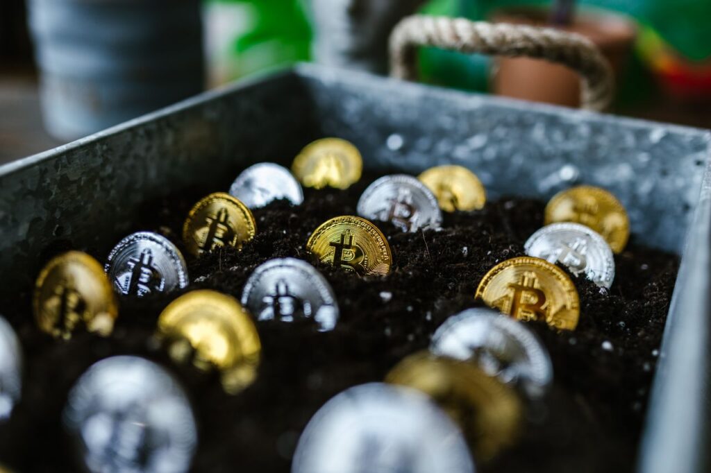 Closeup of bitcoin coins buried in soil, symbolizing digital currency and investment growth.
